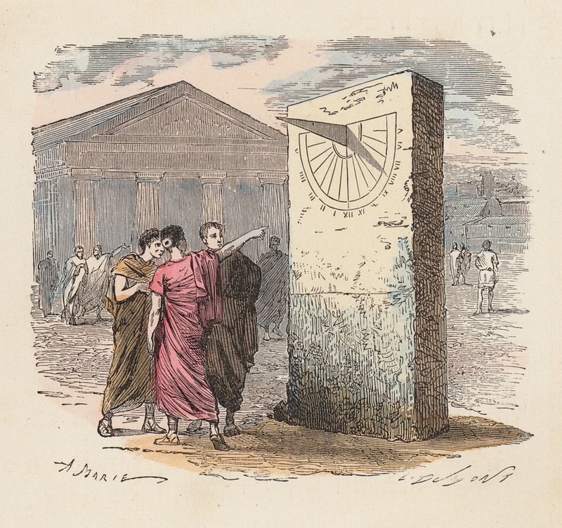 Tempo de leitura usando um relógio de sol nos tempos antigos (gravura colorida) de French School
