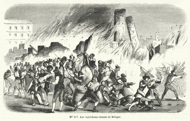 Rebeldes expulsando os austríacos de Bolonha, Itália, 1848 de French School