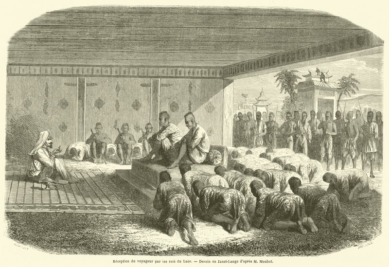 Receção do viajante pelos reis do Laos (gravura) de French School