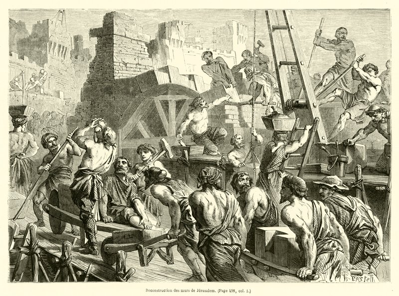 Reconstrução das murs de Jerusalem (gravura) de French School