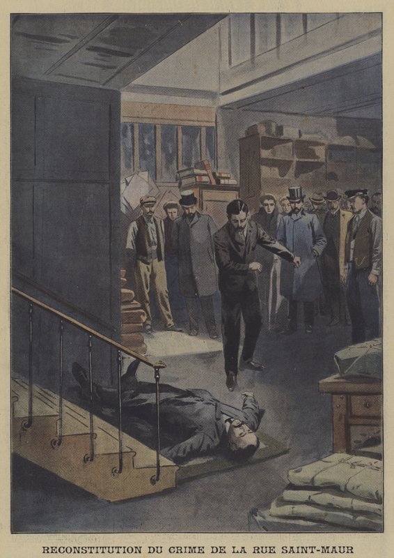 Reconstrução de um assassinato na Rue Saint-Maur, Paris (cor litho) de French School