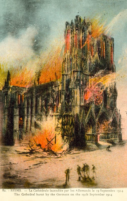 Reims, Catedral ardida pelos alemães em 19 de Setembro de 1914 (cor litho) de French School