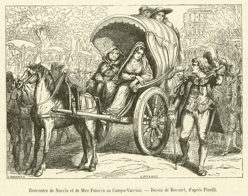 Rencontre de Nuccia et de Meo Patacca au Campo-Vaccino (gravura) de French School