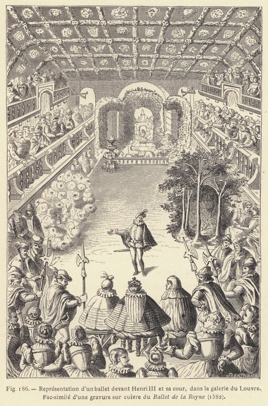 Representação de um ballet em frente de Henrique III e sua corte, na galeria do Louvre (gravura) de French School