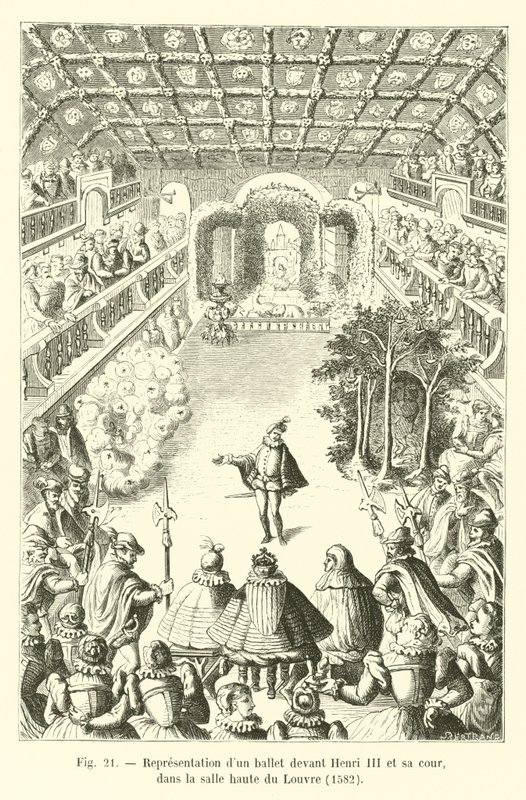 Representação de um balé perante Henrique III e sua corte, no salão superior do Louvre, 1582 de French School