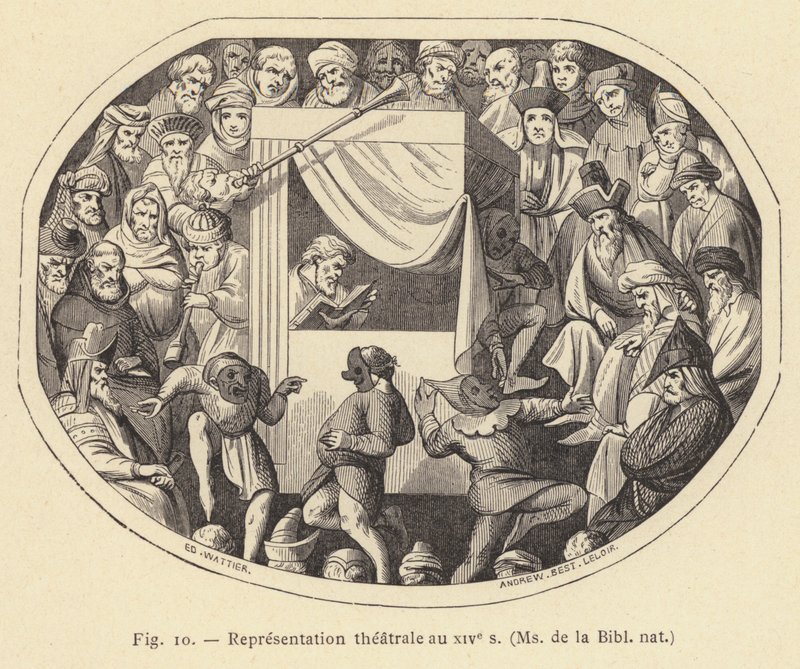 Representação teatral no século XIV, Sra. de la Bibl nat (gravura) de French School