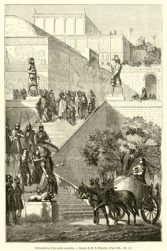 Restauração de um palácio assírio (gravura) de French School