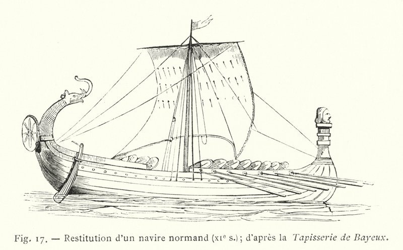 Restituição de um navio normando, século XI, da Tapeçaria Bayeux (gravura) de French School