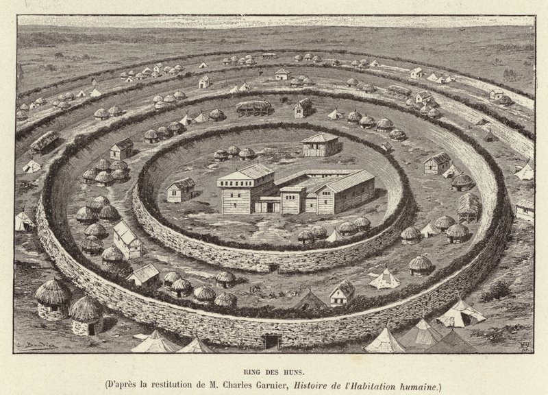 Ring des Huns. Fortificações em forma de anel que protegem um povoamento dos hunos (gravura) de French School