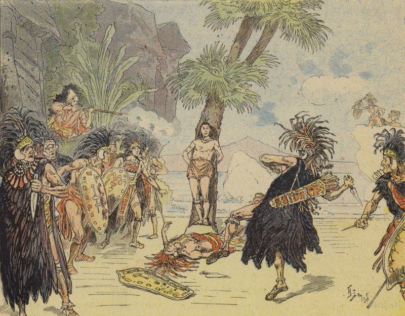 Robinson Crusoé a matar o chefe canibal e a salvar a vida de Sexta-feira (litografia a cores) de French School