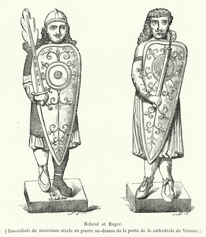 Roland e Roger, baixos-relevos de pedra do século IX acima da porta da catedral de Verona (gravura) de French School