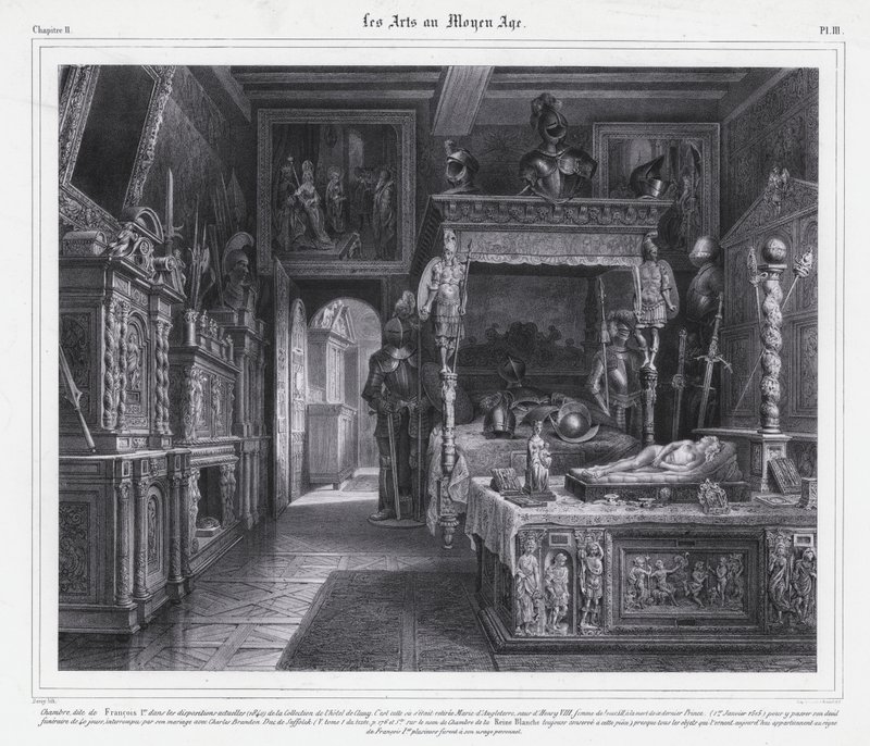 Quarto no Hotel de Cluny, Paris, onde Mary Tudor passou o seu período de luto em 1515 após a morte do seu marido, o Rei Luís XII de França (litho) de French School