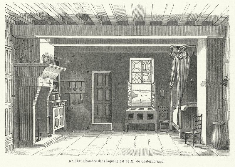 Quarto no Hotel de France em St Malo, Bretanha, no qual nasceu o escritor e político francês François-Rene de Chateaubriand (gravura) de French School