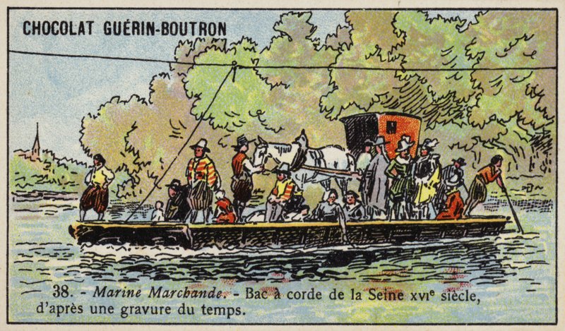 Ferry de corda através do rio Sena, França de French School