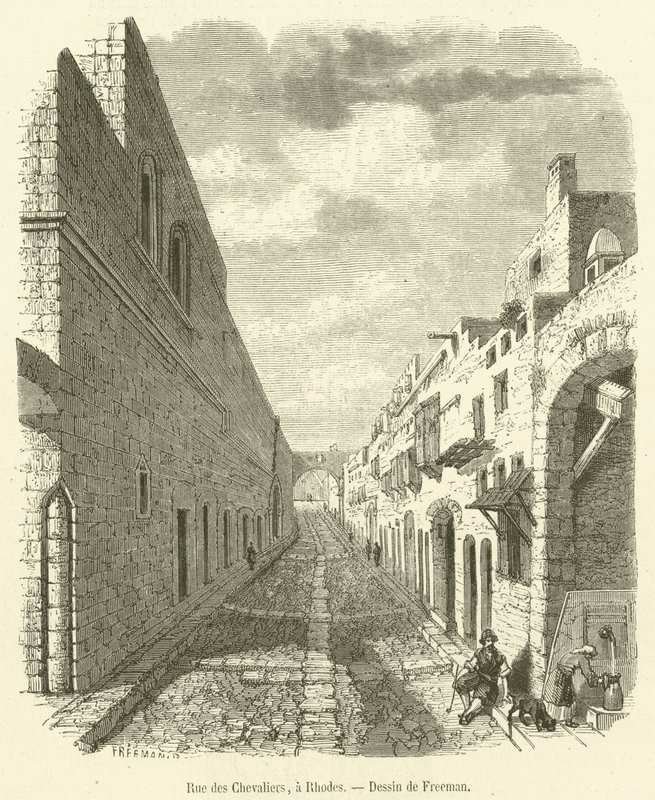 Rue des Chevaliers, em Rodes (gravura) de French School