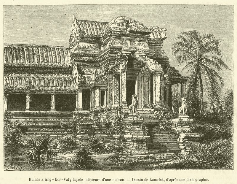 Ruínas em Ang-Kor-Vat, fachada interior de uma casa (gravura) de French School