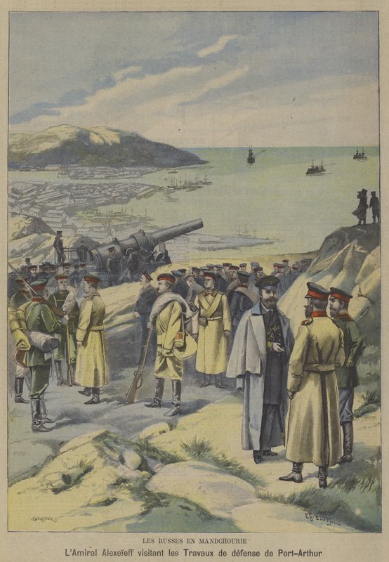 Almirante russo Yevgeni Alekseyev visita defesas em construção em Port Arthur, Manchúria, na véspera da Guerra Russo-Japonesa (cor litho) de French School