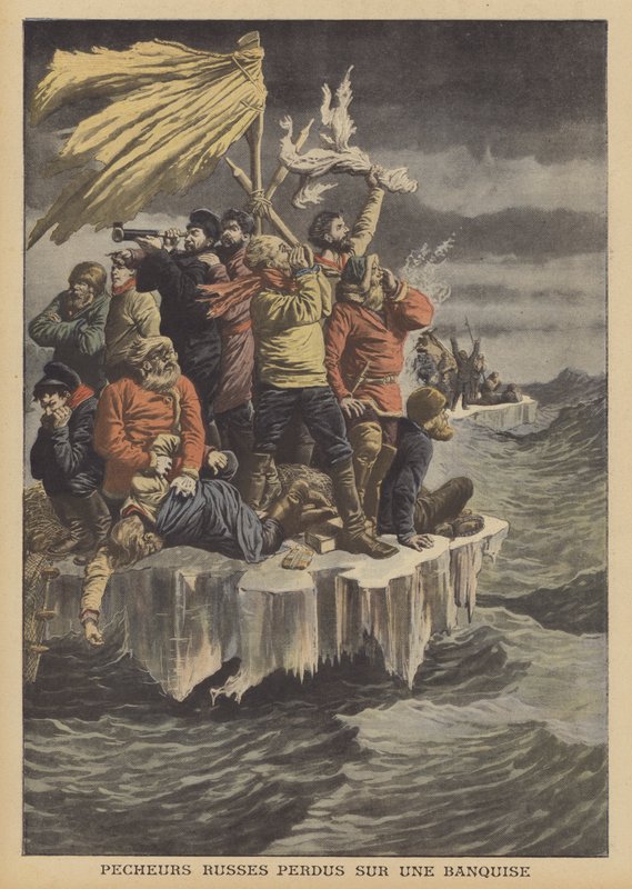 Pescadores russos à deriva sobre um bloco de gelo (cor litho) de French School