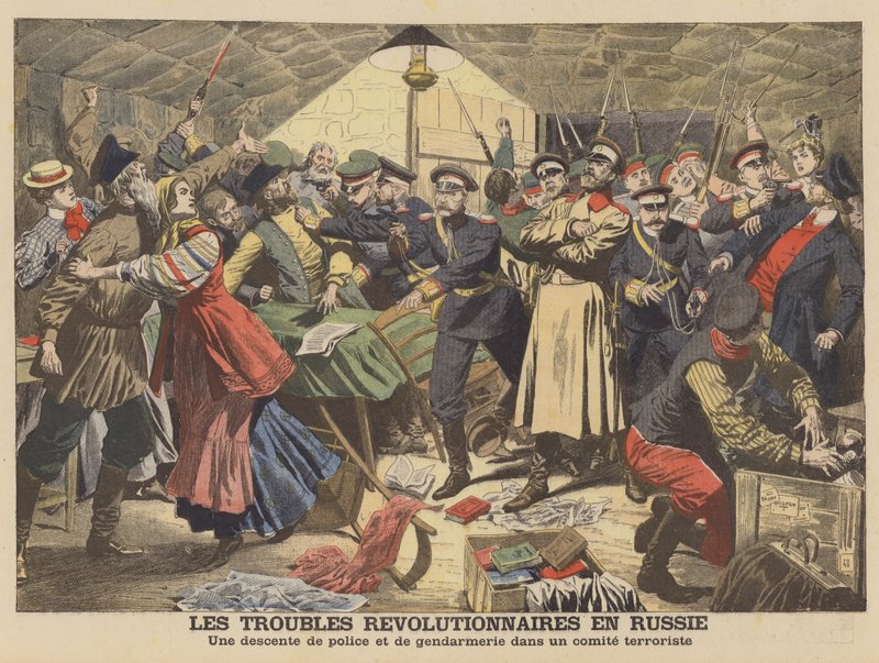 A polícia russa a acabar com uma reunião revolucionária (cor litho) de French School