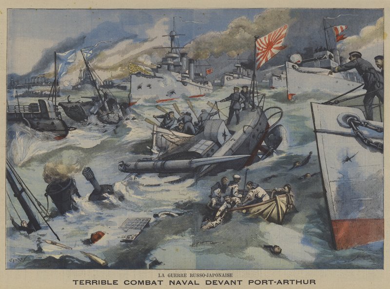 Guerra Russo-Japonesa: batalha naval ao largo de Port Arthur (cor litho) de French School