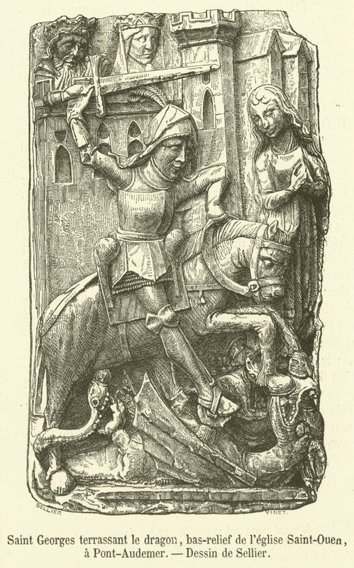 São Jorge matando o dragão, baixo-relevo da igreja de Saint-Ouen, Pont-Audemer (gravura) de French School