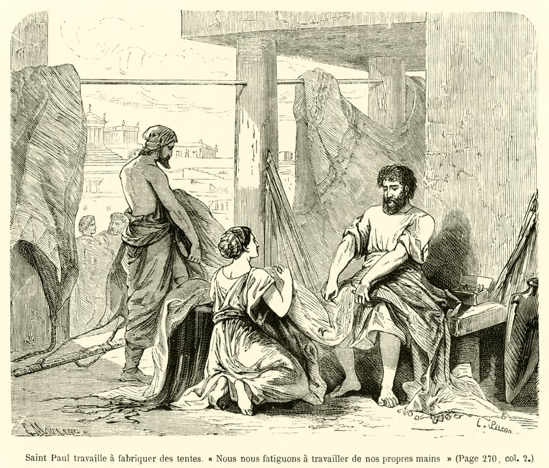 São Paulo trabalha na construção de tendas, "Trabalhamos com as nossas próprias mãos" (gravura) de French School