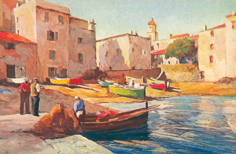Saint Tropez: O velho porto dos pescadores (litografia a cores) de French School