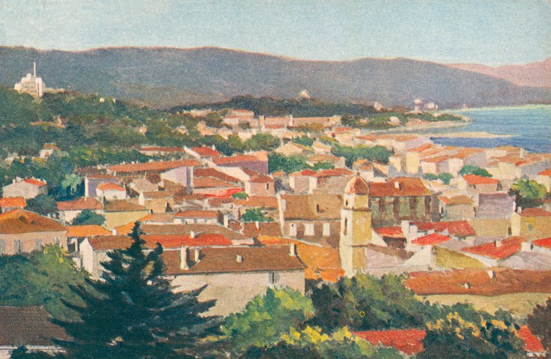 Saint Tropez: Vista geral (litografia a cores) de French School