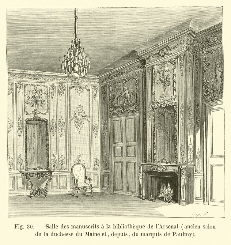 Sala de manuscritos na biblioteca do Arsenal, antigo salão da duquesa do Maine e, desde então, o Marquês de Paulmy de French School