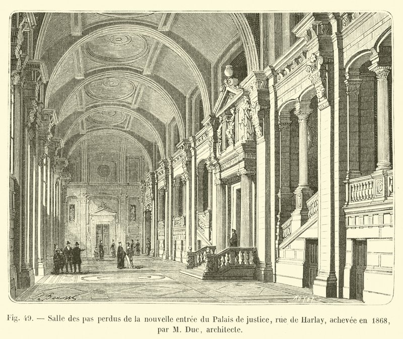 Salle des pas perdus da nova entrada para o tribunal, rue de Harlay, concluída em 1868, por M Duc, arquiteto de French School