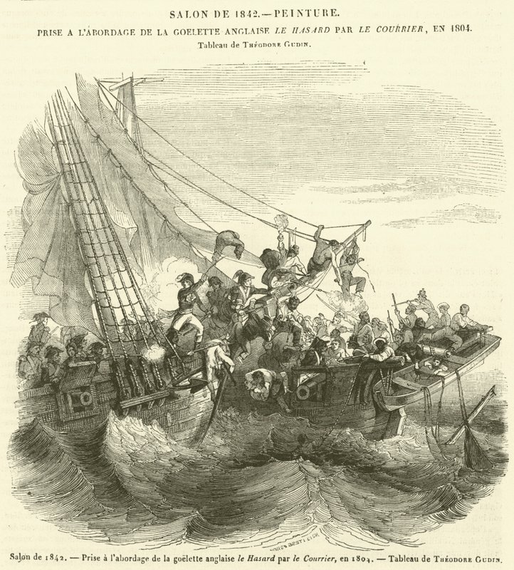 Salão de 1842, A escuna inglesa Le Hasard sendo abordada pelo Correio, em 1804 (gravura) de French School