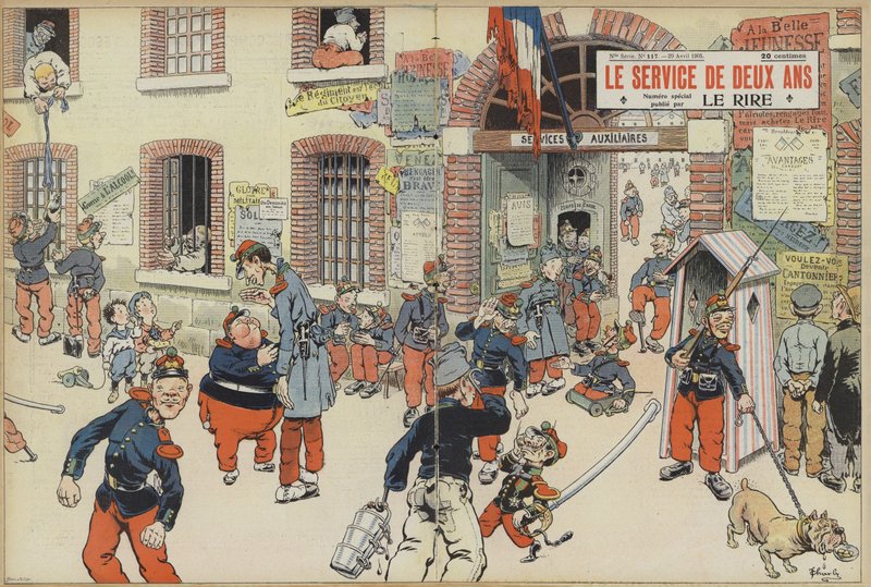 Sátira sobre a introdução do alistamento no exército francês. Ilustração para Le Rire (cor litho) de French School