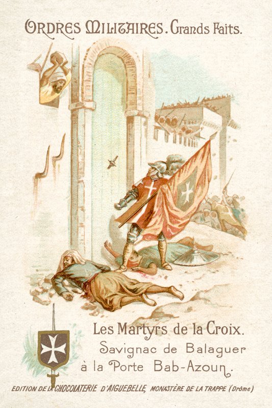 Savignac de Balaguer, portador padrão dos Cavaleiros de Malta, diante da Porta de Bab-Azoun, Argel de French School