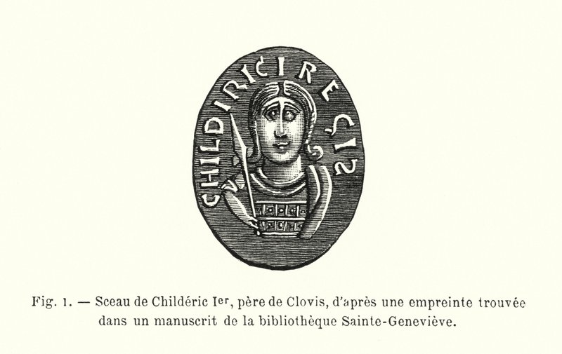 Selo de Childeric I, pai de Clovis, de uma impressão encontrada num manuscrito da biblioteca de Sainte-Genevieve (gravura) de French School