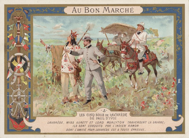 Cena do romance Les Cinq Sous de Lavarede, de Paul Ivoi (chromolitho) de French School