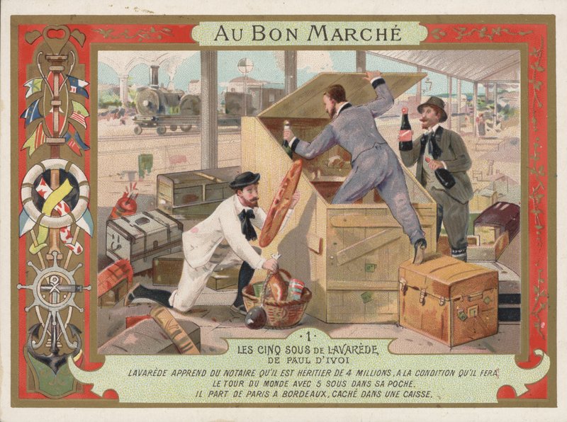 Cena do romance Les Cinq Sous de Lavarede, de Paul Ivoi (chromolitho) de French School
