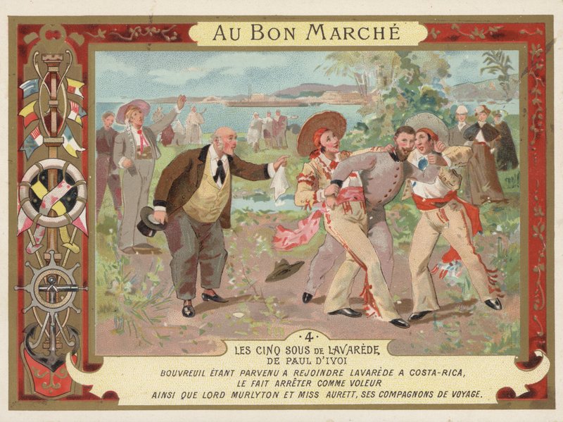 Cena do romance Les Cinq Sous de Lavarede, de Paul Ivoi (chromolitho) de French School