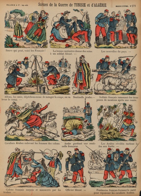 Cenas das guerras coloniais francesas na Argélia e Tunísia (gravura colorida) de French School