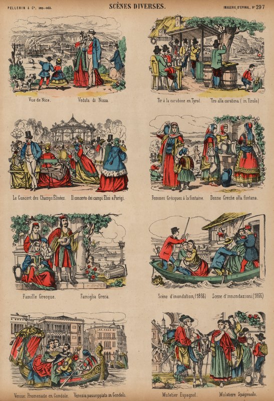 Cenas de vários locais europeus (gravura a cores) de French School
