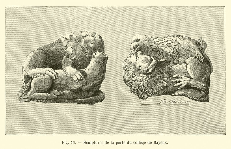 Esculturas na porta do colégio de Bayeux (gravura) de French School