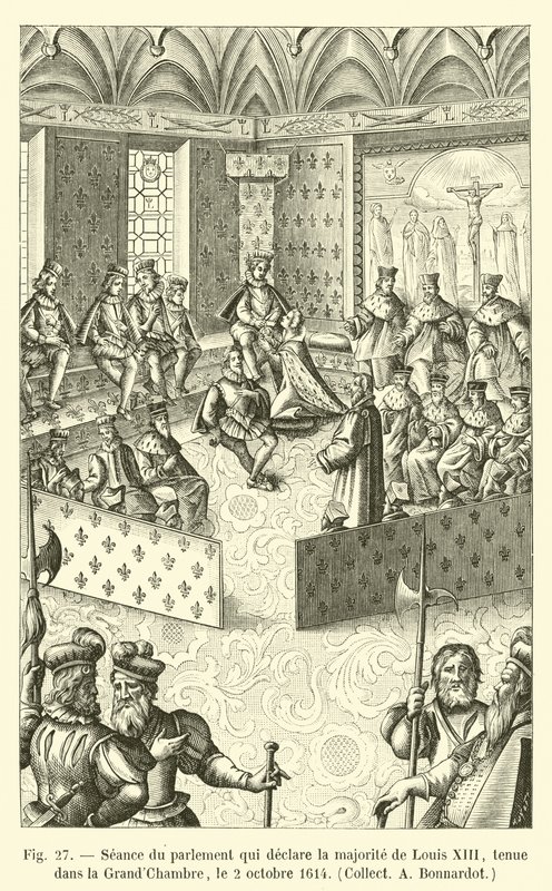 Sessão do Parlamento que declara a maioria de Luís XIII, realizada na Grande Câmara, em 2 de outubro de 1614, Coleta A Bonnardot de French School