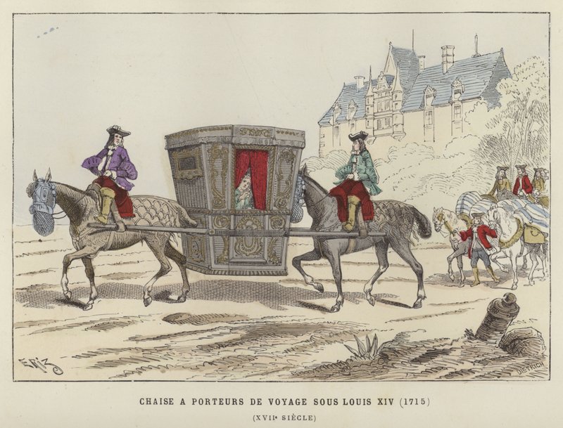 Cadeira de sedan transportada por cavalos, reinado de Luís XIV da França, 1715 de French School