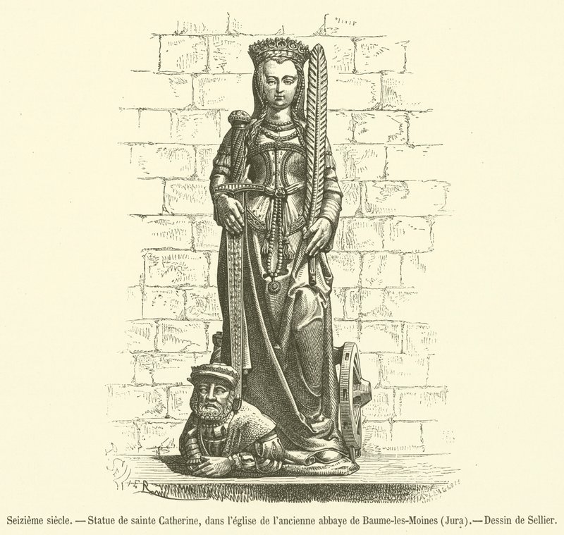 Século XVI, estátua de Santa Catarina, na igreja da antiga abadia de Baume-les-Moines, Jura (gravura) de French School