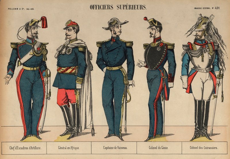 Oficiais superiores militares franceses (gravura a cores) de French School