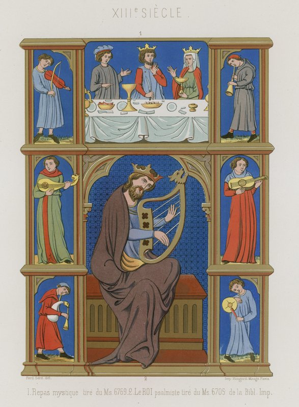 Série de imagens do século XIII representando um jantar místico, músicos e um rei tocando uma lira de French School