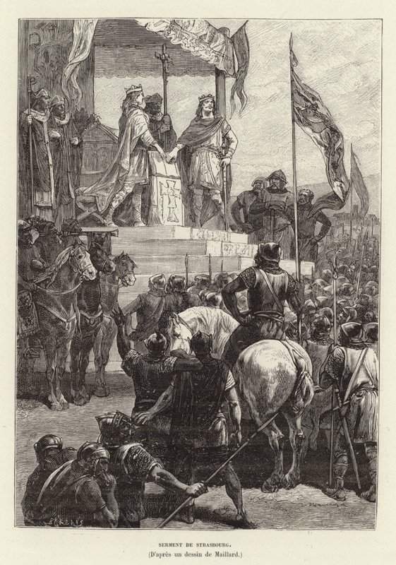 Serment de Strasbourg. Juramentos de Estrasburgo, a aliança entre Luís o Alemão e Carlos o Careca, Reis do Oriente e da França Ocidental, 842 (gravura) de French School