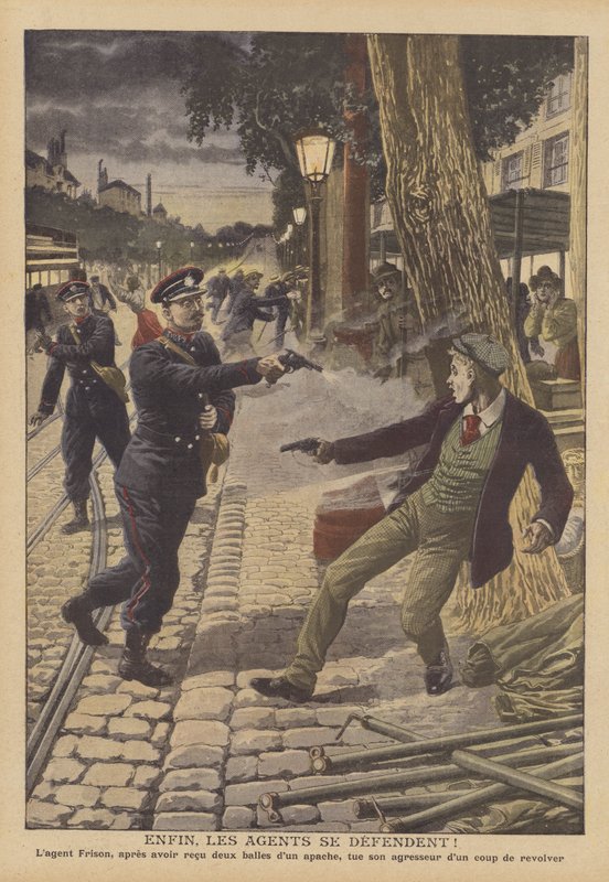 Shootout entre a polícia e os criminosos numa rua de Paris (cor litho) de French School