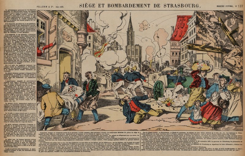Cerco e bombardeio de Estrasburgo, Guerra Franco-Prussiana, Agosto-Setembro de 1870 (gravura a cores) de French School