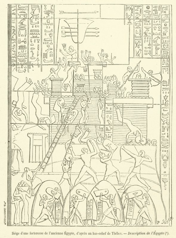 Cerco de uma antiga fortaleza egípcia (gravura) de French School