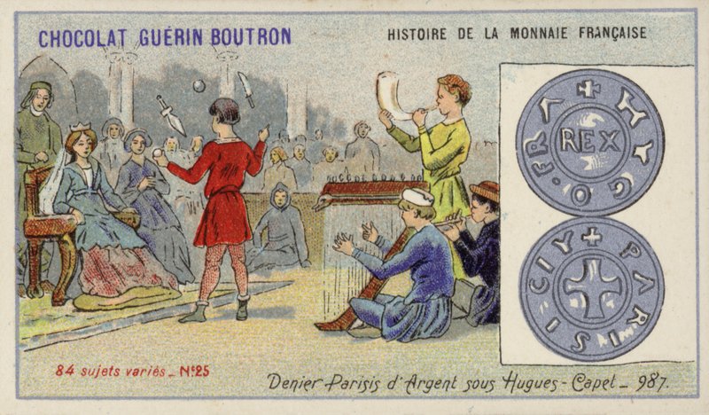 Silver denier parisisis do reinado de Hugh Capet, 987 (chromolitho) de French School